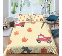 P5V6M1Q9 3D Printed Fire Truck Duvet Cover Microfiber Soft Breathable Flame Bedding Set with 2 Pillowcases for Bedroom Decor Single（135x200cm）