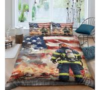 P5V6M1Q9 3D Printed Firefighter American Flag Duvet Cover Set Microfiber Soft Breathable Quilt Cover with 2 Pillowcases for Bedroom Decor Single（135x200cm）