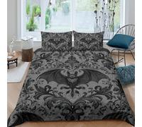 P5V6M1Q9 3D Printed Gothic Bat Pattern Duvet Cover Set Microfiber Soft Breathable Baroque Skull Bedding Set with 2 Pillowcases for Bedroom Decor, Black Single（135x200cm）