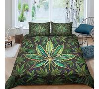 P5V6M1Q9 3D Printed Green Cannabis Leaf Duvet Cover Microfiber Soft Botanical Quilt Cover Set with 2 Pillowcases for Bedroom Decor Single（135x200cm）