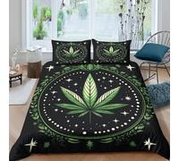 P5V6M1Q9 3D Printed Green Cannabis Leaf Duvet Cover Set Microfiber Soft Breathable Star Pattern Bedding with 2 Pillowcases for Bedroom Decor Single（135x200cm）