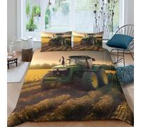 P5V6M1Q9 3D Printed Green Tractor Duvet Cover Microfiber Soft Breathable Farm Field Bedding Set with 2 Pillowcases for Bedroom Decor, Single（135x200cm）