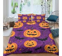 P5V6M1Q9 3D Printed Halloween Pumpkin Duvet Cover Microfiber Soft Breathable Bat Pattern Bedding Set with 2 Pillowcases for Bedroom Decor Single（135x200cm）