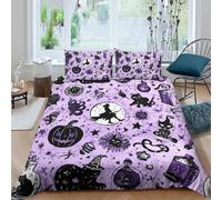 P5V6M1Q9 3D Printed Halloween Witch Duvet Cover Microfiber Soft Breathable Pumpkin Cat Bedding Set with 2 Pillowcases for Bedroom Decor Single（135x200cm）