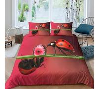 P5V6M1Q9 3D Printed Ladybug Flower Duvet Cover Microfiber Soft Breathable Red Bedding Set with 2 Pillowcases for Bedroom Decor Single（135x200cm）