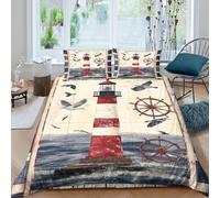 P5V6M1Q9 3D Printed Nautical Lighthouse Duvet Cover Microfiber Soft Breathable Ocean Steering Wheel Bedding Set with 2 Pillowcases for Bedroom Home Single（135x200cm）