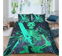P5V6M1Q9 3D Printed Neon Skeleton Duvet Cover Microfiber Soft Breathable Glow in Dark Bedding Set with 2 Pillowcases for Bedroom Decor Single（135x200cm）