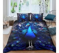 P5V6M1Q9 3D Printed Peacock Feather Duvet Cover Microfiber Soft Blue Bird Bedding Set with 2 Pillowcases for Bedroom Home Decor Single（135x200cm）