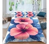 P5V6M1Q9 3D Printed Pink Hibiscus Duvet Cover Microfiber Floral Blue Leaf Bedding Set with 2 Pillowcases for Bedroom Decoration Single（135x200cm）