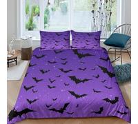 P5V6M1Q9 3D Printed Purple Bat Duvet Cover Microfiber Soft Breathable Halloween Gothic Bedding Set with 2 Pillowcases for Bedroom Decor Single（135x200cm）