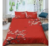 P5V6M1Q9 3D Printed Red Cherry Blossom Duvet Cover Microfiber Soft Breathable Plum Bedding Set with 2 Pillowcases for Bedroom Decor Single（135x200cm）