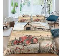 P5V6M1Q9 3D Printed Red Tractor Barn Duvet Cover Set Microfiber Soft Breathable Farmhouse Bedding Set with 2 Pillowcases for Bedroom Decor, Single（135x200cm）