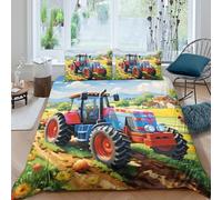 P5V6M1Q9 3D Printed Red Tractor Duvet Cover Microfiber Soft Breathable Country Farm Bedding Set with 2 Pillowcases for Bedroom Decor Single（135x200cm）