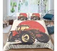 P5V6M1Q9 3D Printed Red Tractor Duvet Cover Microfiber Soft Breathable Rural Farm Bedding Set with 2 Pillowcases for Bedroom Decor Single（135x200cm）