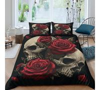 P5V6M1Q9 3D Printed Skull Rose Duvet Cover Microfiber Soft Breathable Gothic Floral Bedding Set with 2 Pillowcases for Bedroom Decor Single（135x200cm）