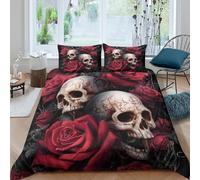 P5V6M1Q9 3D Printed Skull Rose Duvet Cover Set Microfiber Soft Breathable Gothic Floral Bedding with 2 Pillowcases for Bedroom Decor Single（135x200cm）