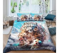 P5V6M1Q9 3D Printed Snow Leopard Duvet Cover Microfiber Soft Breathable Mountain Animal Bedding Set with 2 Pillowcases for Bedroom Single（135x200cm）