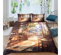 P5V6M1Q9 3D Printed Sunlit Café Duvet Cover Set Microfiber Soft Breathable Cozy Courtyard Quilt Cover with 2 Pillowcases for Bedroom Single（135x200cm）