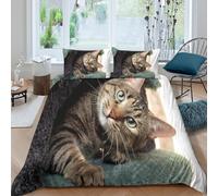 P5V6M1Q9 3D Printed Tabby Cat Duvet Cover Microfiber Soft Breathable Animal Pattern Bedding Set with 2 Pillowcases for Bedroom Decor Single（135x200cm）