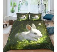 P5V6M1Q9 3D Printed White Rabbit Duvet Cover Microfiber Soft Breathable Grass Meadow Bedding Set with 2 Pillowcases for Bedroom Decor Single（135x200cm）