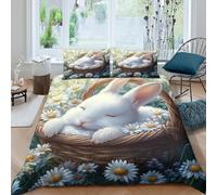 P5V6M1Q9 3D Printed White Rabbit Floral Duvet Cover Microfiber Soft Daisy Bedding Set with 2 Pillowcases for Bedroom Home Single（135x200cm）
