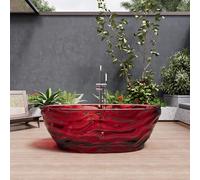 PA-DABAOO Corrugated Freestanding Bathtub,Luxury Handcrafted Stone Resin Soaking Tub with Overflow and Pop-Up Drain,Modern Stand Alone Tubs,44Cm Deep Bathing Experience,Red