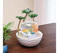 PA-DABAOO Indoor Fish Bowl with Atomizer, Small Ceramics Pots And Glass Fish Tanks,Lotus Flower Water Fountain,with Crystal Ball Water Fall Decor for Good Luck Wealth,Green