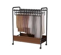 PA-DABAOO Pants Hangers with Wheels & Bottom Basket,Pants Rack Trolley,15 Hangers,Freestanding Rolling Pant Storage Cart,Wardrobe Organizer Rack for Pants/Scarf/Towel,Brown