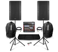 PA System for Live Bands with Vonyx VSA150S 15 inch Bluetooth Active Speaker Pair, 6-channel PD PDM-T604 Mixer with USB, Tripod Stands, Protective Bags, XLR and 3.5mm Cables