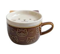 Paaruter Cute Japanese Cartoon Cat Coffee Cup with Lid - Ceramic Breakfast Milk Cup for Couples, Ideal for Home and Office Use C