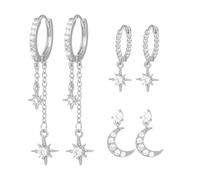 PAASTAI 3 Pairs Silver Hoop Earrings Set - Dainty and Cute Chain Earrings,Hypoallergenic Moon Star Earring Stacks,Earring Set for Women with Multiple Piercings, Small standard size, Brass, 1
