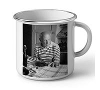 Pablo Picasso in Her Kitchen Enamelled Metal Mug with Retro Cliché Image Black and White Painted