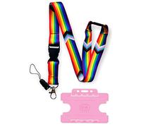 PAC Supplies Global Rainbow LGBTQ Progress Pride Flag Lanyard With Detachable Buckle Clip, Mobile Phone Attachment & Safety Breakaway & Double Pink Horizontal ID Card Holder