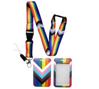 PAC Supplies Global Rainbow LGBTQ Progress Pride Flag Lanyard With Detachable Buckle Clip, Mobile Phone Attachment & Matching Enclosed Rainbow LGBTQ ID Card Holder
