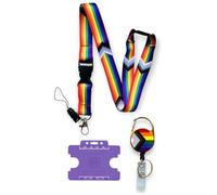 PAC Supplies Global Rainbow LGBTQ Progress Pride Flag Lanyard With Detachable Buckle Clip, Purple Horizontal ID Card Holder, Retractable Badge Reel With Belt Clip