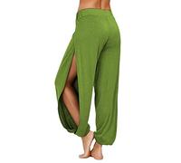 PACBREEZE Women's Harem Pants Side Slit Yoga Dancing Workout Hippie Trousers - Green - Large
