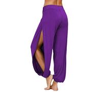 PACBREEZE Women's Harem Pants Side Slit Yoga Dancing Workout Hippie Trousers - Purple - Large