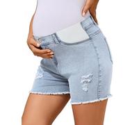 PACBREEZE Women's Maternity Mid-Rise Stretch Denim Shorts Trendy Soft Frayed Hem Pregnancy Shorts, S-XXL, Ripped Light Blue, L