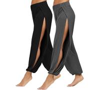 PACBREEZE Women's Yoga Harem Pants Side Slit Joggers Gym Clothes Workout Sweatpants - Blue - XL