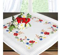 Pacchetto punto croce " Paradiso di fiori " con Papaveri e Fiordalisi - Tovaglia ricamata 85 cm x 85 cm con bordo con punto a giorno - punti predisegnati - Filo 100 % Cotone - di alta qualità - pronto per essere lavorato - Tovaglia 85 x 85 - lavoro al punto croce fai da te