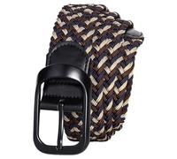 PACDE 3.4cm Wide Braided Stretch Men Belt Elastic Woven Leather Zinc Alloy Buckle No Holes Canvas Belt for Mens(Blue coffee khaki,for31-35" waist size)