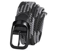 PACDE 3.4cm Wide Braided Stretch Men Belt Elastic Woven Leather Zinc Alloy Buckle No Holes Canvas Belt for Mens(Black gary2,for31-35" waist size)