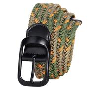 PACDE 3.4cm Wide Braided Stretch Men Belt Elastic Woven Leather Zinc Alloy Buckle No Holes Canvas Belt for Mens(Green orange khaki,for36-39" waist size)