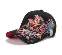 PACDE Butterfly Full Embroidered Women Baseball Cap Fashion Sequins Adjustable Strap Cotton Women Hats Sunlight Bowler Hat Ladies Baseball Cap(Black,UK Size6 3/4-7 1/4)