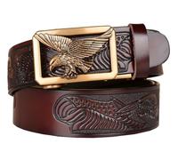 PACDE Cowboy Eagle Embossed Strap Men Leather Belt Hollow-out Flying Eagle Automatic Buckle Leather Men Belt(Coffee gold,for34-35" waist size)