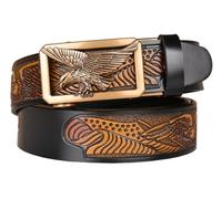 PACDE Cowboy Eagle Embossed Strap Men Leather Belt Hollow-out Flying Eagle Automatic Buckle Leather Men Belt(Black gold,for34-35" waist size)