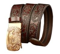 PACDE Cowboy Flower Carved Men Leather Belt Flying Eagle Automatic Buckle Men Belt Embossed Leather Jeans Causal Pants for Mens(Coffee gold,for36-37" waist size)