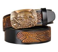 PACDE Cowboy Men Leather Belt Eagle Embossed Strap Eagle Automatic Buckle adjustable Leather Western Men Belt(Black gold,for44-45" waist size)
