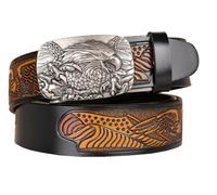 PACDE Cowboy Men Leather Belt Eagle Embossed Strap Eagle Automatic Buckle adjustable Leather Western Men Belt(Black sliver,for38-39" waist size)