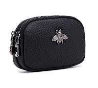 PACDE Leather Double Zipper Women Wallet with Metal Bee Decoration Large Capacity Coin Purse for Ladies Secure Daily Use(Black)